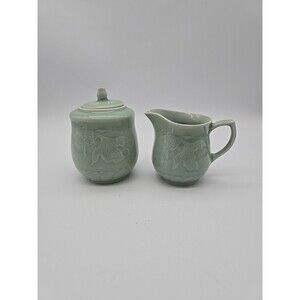 Vintage Chinese Longquan Celadon Green Koi Fish Sugar & Creamer Set 1950-1980